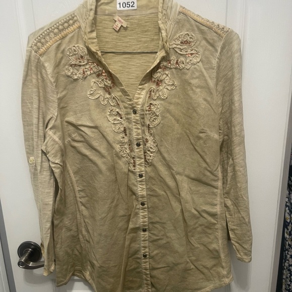 Reba Beige Button Down Shirt with Embroidery - Picture 1 of 10
